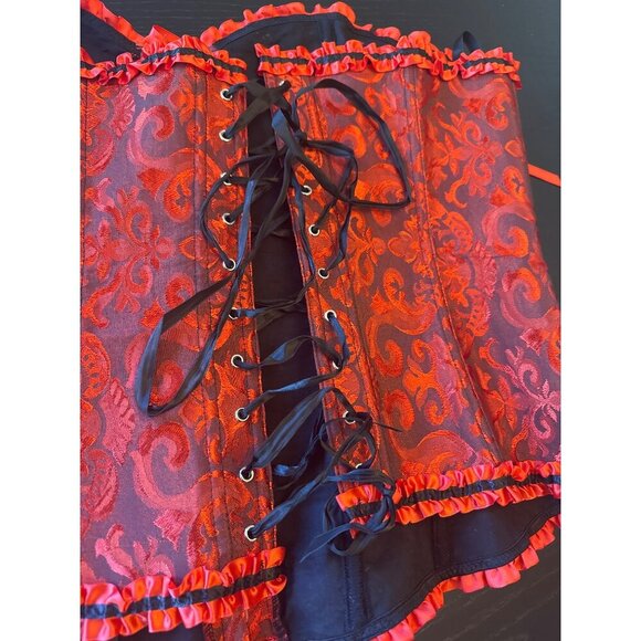 Red & Black Corset Bustier Lace-Up Front & Back Ruffle Trim Size 5XL Goth - Picture 3 of 4